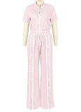 Women's Sports Zipper Top Button Loose Pocket Wide Leg Pants Two-Piece Set ASL-6795