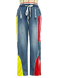 Casual Drawstring High Waist Contrast Color Stitching Gradient Straight Denim Trousers Wholesale SH-391370