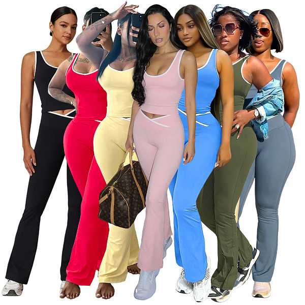 Contrast Color Vest Cross Flared Pants Yoga Running Fitness Yoga Clothes Two Piece Set ASL-6789