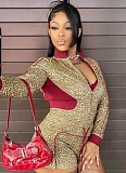 New Women Leopard Print Long Sleeve Top Shorts Elastic Two-Piece Set MEM-88651