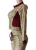 New Women Leopard Print Long Sleeve Top Shorts Elastic Two-Piece Set MEM-88651