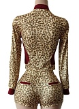 New Women Leopard Print Long Sleeve Top Shorts Elastic Two-Piece Set MEM-88651