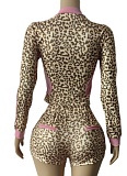 New Women Leopard Print Long Sleeve Top Shorts Elastic Two-Piece Set MEM-88651