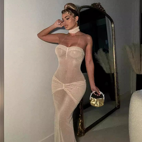 Sexy Strapless Lady Off Shoulder Sequins Slim Fishtail Long Dress PY-9286