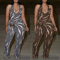 Sexy women slimming elastic backless tassels printed halter flared jumpsuit NY-3611 Sexy women slimming elastic backless tassels printed halter flared jumpsuit NY-3611