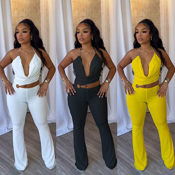 Sexy Slim Elastic Hollow Ring Halter Neck Solid Color Jumpsuit NY-3675
