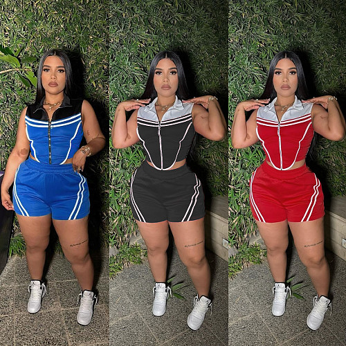 Casual Striped Stitching Contrast Color Sleeveless Elastic Slim Fit Sports Two-Piece Suit NY-3623