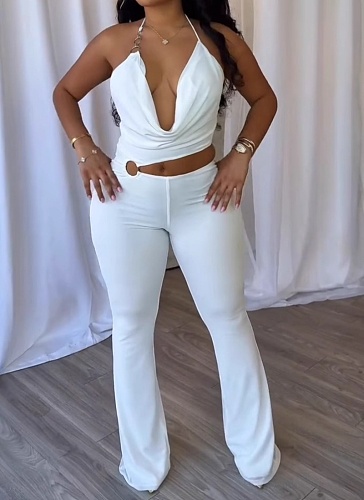 Sexy Slim Elastic Hollow Ring Halter Neck Solid Color Jumpsuit NY-3675
