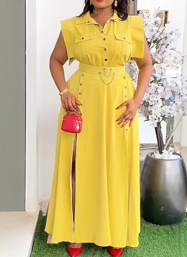 Elegant Solid Color Lapel Sleeveless Top Slit Long Skirt Two-Piece Suit For Women NY-3616