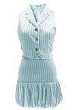 Lapel Striped Single-Breasted Sleeveless Vest Flower Bud Skirt Two-Piece Set SFY-2805