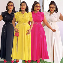 Elegant Solid Color Lapel Sleeveless Top Slit Long Skirt Two-Piece Suit For Women NY-3616