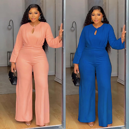 Elegant lady elastic cut-out waist-cinching wide-leg jumpsuit NY-10992