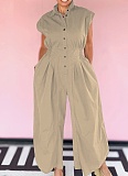 Casual Lapel Sleeveless Button-Down Waisted Overalls Jumpsuit Women NY-3658
