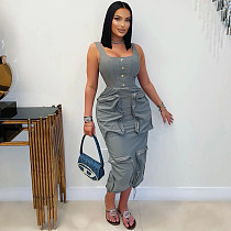 Gray Elegant Casual Three-Dimensional Large Pocket Sleeveless Dress NY-3603
