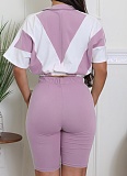 Summer Women'S Sportswear Short-Sleeved Loose Stitching Contrast Color Tights Two-Piece Set SFY-756