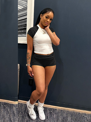 Women color-blocking short-sleeved T-shirt high-waisted shorts casual sportswear set SFY-733