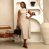 Elegant lady waist-cinched stand-up collar sleeveless button-decorated long dress NY-10993