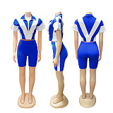 Summer Women'S Sportswear Short-Sleeved Loose Stitching Contrast Color Tights Two-Piece Set SFY-756