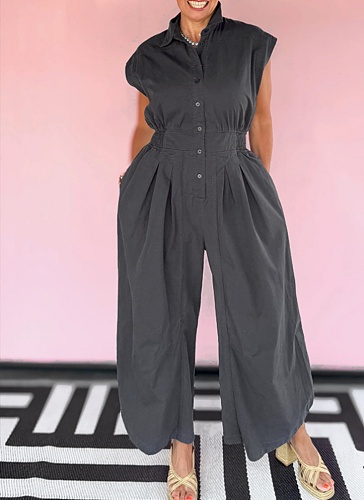 Casual Lapel Sleeveless Button-Down Waisted Overalls Jumpsuit Women NY-3658