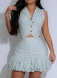 Lapel Striped Single-Breasted Sleeveless Vest Flower Bud Skirt Two-Piece Set SFY-2805