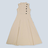 Elegant lady waist-cinched stand-up collar sleeveless button-decorated long dress NY-10993