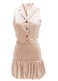Lapel Striped Single-Breasted Sleeveless Vest Flower Bud Skirt Two-Piece Set SFY-2805