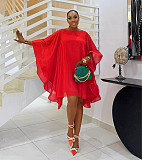Women Round Collar Solid Color Chiffon Loose Plus Size Short Dress NY-3536