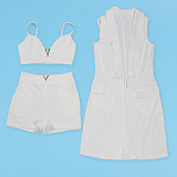 Elegant V-Neck Vest Lapel Suit Cardigan Solid Color Shorts Three-Piece Suit NY-3538