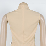 Elegant lady waist-cinched stand-up collar sleeveless button-decorated long dress NY-10993