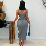 Gray Elegant Casual Three-Dimensional Large Pocket Sleeveless Dress NY-3603