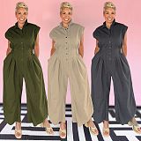 Casual Lapel Sleeveless Button-Down Waisted Overalls Jumpsuit Women NY-3658