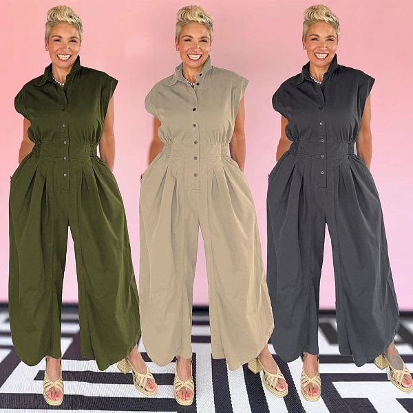Casual Lapel Sleeveless Button-Down Waisted Overalls Jumpsuit Women NY-3658