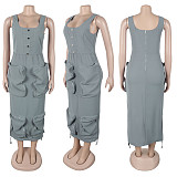 Gray Elegant Casual Three-Dimensional Large Pocket Sleeveless Dress NY-3603