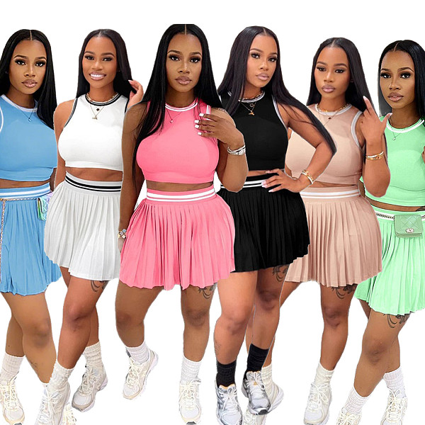 Sleeveless Short Vest Casual Pleated Skirt Two-Piece Set SFY-2806