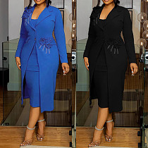 Elegant Ladies Slim Pearl Hot Drilling Coat And Straps Midi Dress Suit NY-3398 Elegant Ladies Slim Pearl Hot Drilling Coat And Straps Midi Dress Suit NY-3398