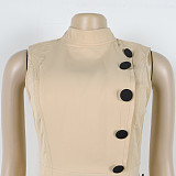 Elegant lady waist-cinched stand-up collar sleeveless button-decorated long dress NY-10993