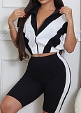 Summer Women'S Sportswear Short-Sleeved Loose Stitching Contrast Color Tights Two-Piece Set SFY-756