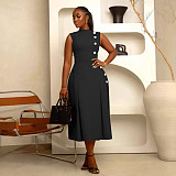 Elegant lady waist-cinched stand-up collar sleeveless button-decorated long dress NY-10993