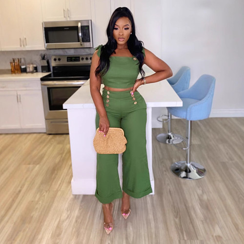 Green Elegant Suspender Top With Slim Wide-Leg Pants Two-Piece Women'S Suit NY-11081