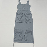 Gray Elegant Casual Three-Dimensional Large Pocket Sleeveless Dress NY-3603