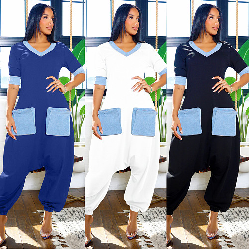 Casual women V-neck denim patchwork color-blocking loose stretch jumpsuit NY-3600