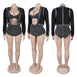 Black Elegant Rhinestone Jacket Camisole Rhinestone Shorts Three-Piece Suit NY-3508