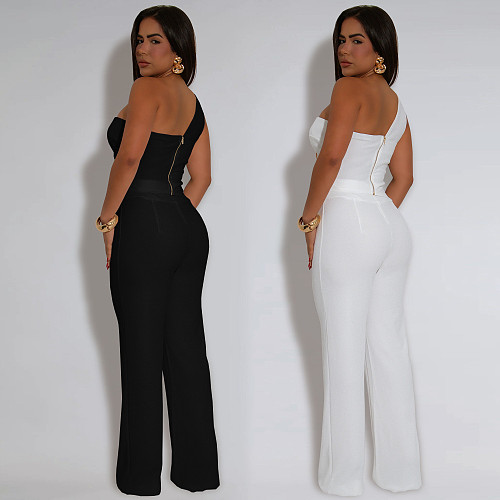 Women's sexy off shoulder sleeveless zipper crop top and long pants 2 pieces sets BY-7418