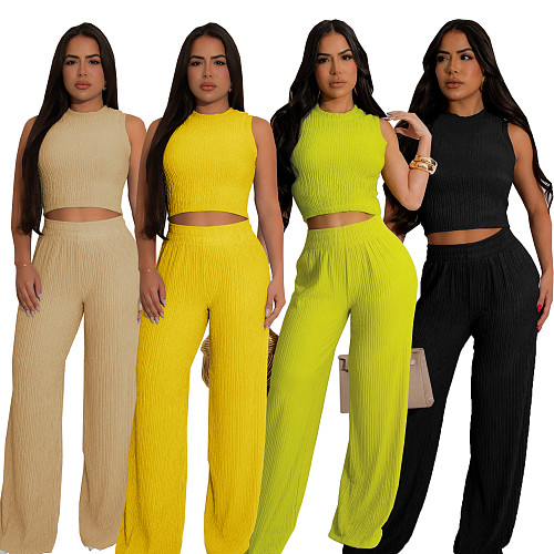 Two-piece set of high-elastic knitted pit wide-leg pants for women SFY-685