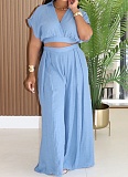 Casual Holiday Style Lapel Short Top High Waist Wide Leg Pants Two Piece Set Wholesale SFY-716