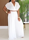 Casual Holiday Style Lapel Short Top High Waist Wide Leg Pants Two Piece Set Wholesale SFY-716