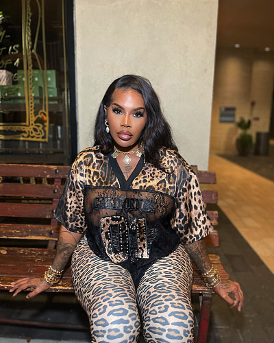 Fashion V-Neck Lace Leopard Print Loose Casual T-Shirt Wholesale XS-L44914