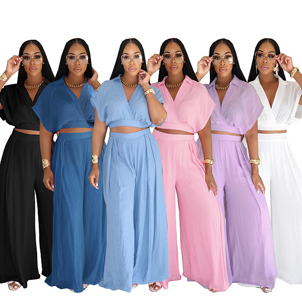 Casual Holiday Style Lapel Short Top High Waist Wide Leg Pants Two Piece Set Wholesale SFY-716