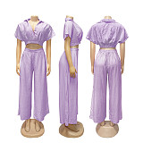 Casual Holiday Style Lapel Short Top High Waist Wide Leg Pants Two Piece Set Wholesale SFY-716