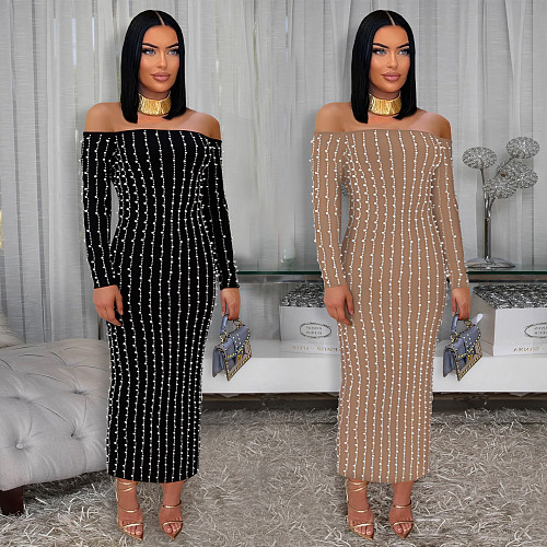 Women's sexy long-sleeved strapless rhinestone arm-hugging dress BY-7419
